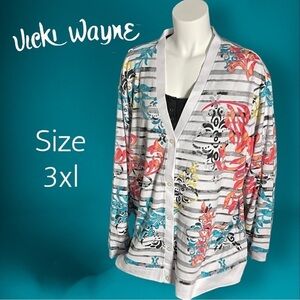 VICKI Wayne Striped with Bright Contrast Ornate Pattern Knit Cardigan Size 3XL
